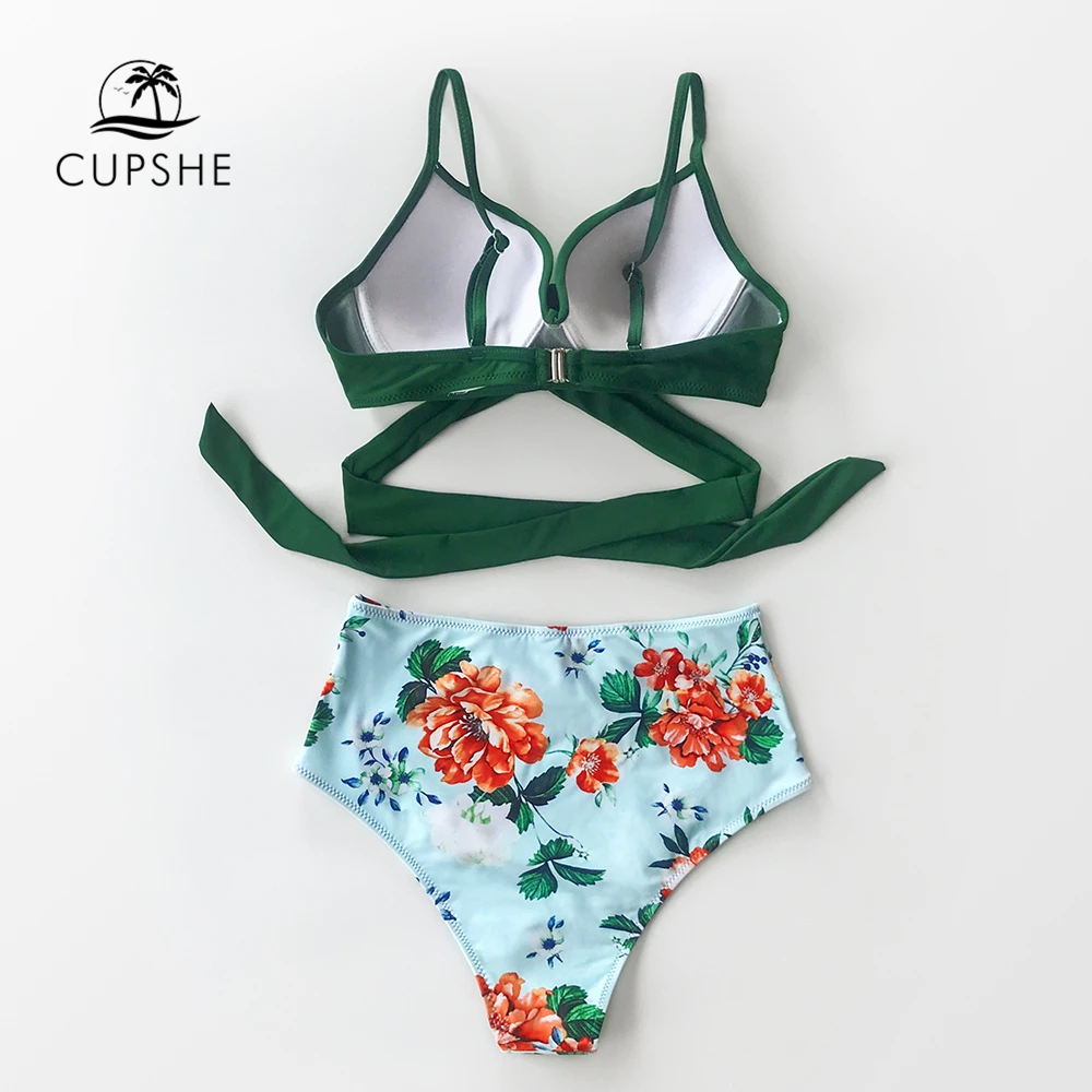CUPSHE Одноцветный цветочный бикини с высокой талией с формованными чашками сексуальный купальник пуш-ап из двух частей женский купальник пляжный купальный костюм
