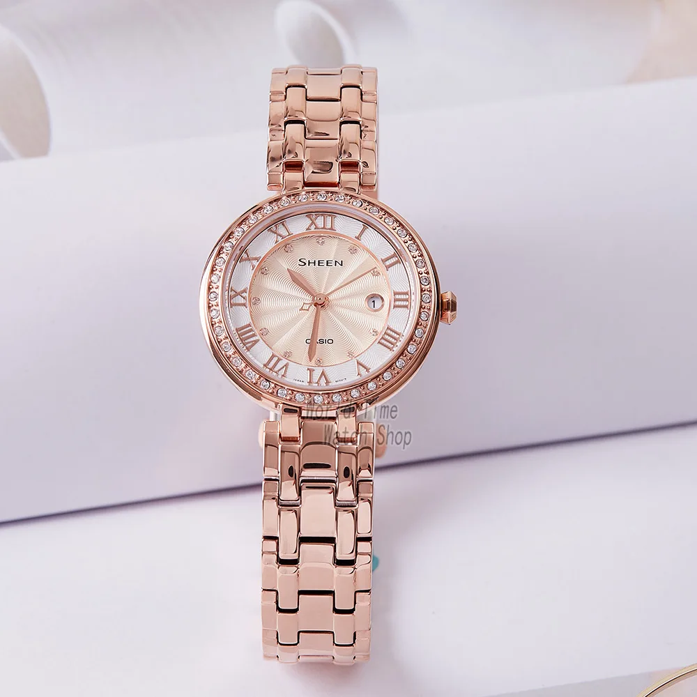 Часы Casio SHEEN женские часы Swarovski Crystal топ класса люкс комплект 50м Водонепроницаемые кварцевые женские часы женские Розовое золото Подарки Часы Спортивные часы relogio feminino reloj mujer montre homme bayan