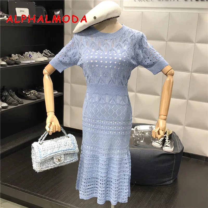 

ALPHALMODA Elegant Woman Hollow-out Knit Dress Round Collar Slim Short Sleeve Crotchet Trumpet Vestidos + Sling Dress 2pcs Set