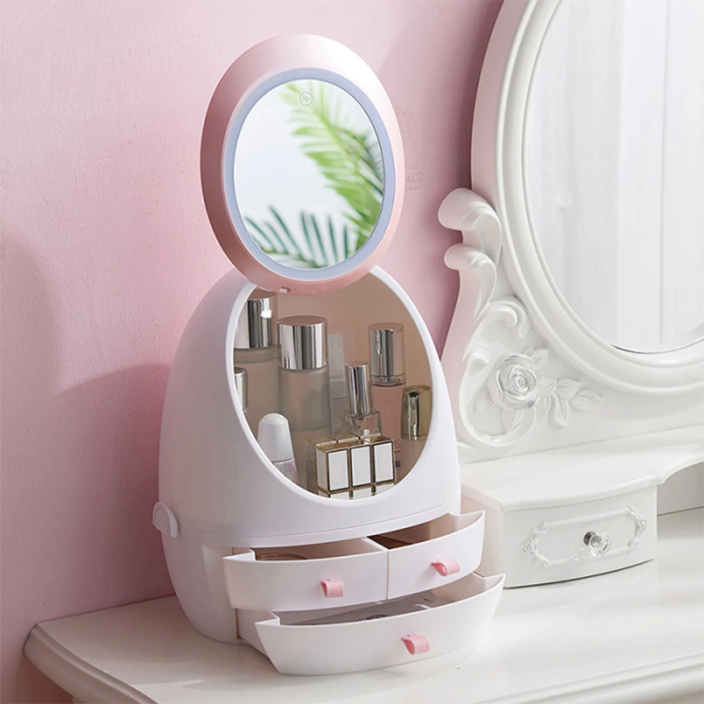 

USB Cosmetic Storage Box with LED Light Makeup Mirror Cosmetics Skin Care Products Drawers Holder Portable Organizer Container