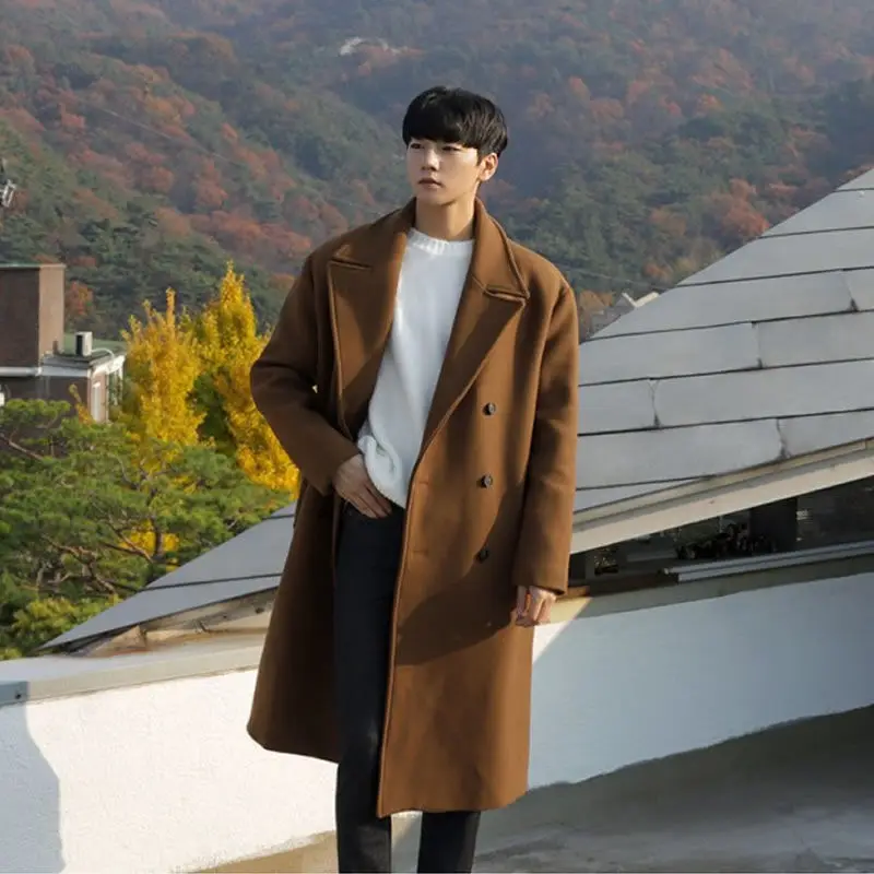 

Men's Winter Coat British Style Woolen Coat Men's Korean Loose Windbreaker Mid-length Men's Over-the-knee Woolen Coat Size M-3XL