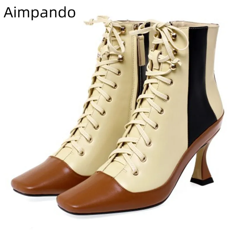 

Elegant Beige Boots Women Cross Lace Up Square Toe Side Zip Party Fashion Bottes Mix Colors Real Leather High Thin Heel Boots