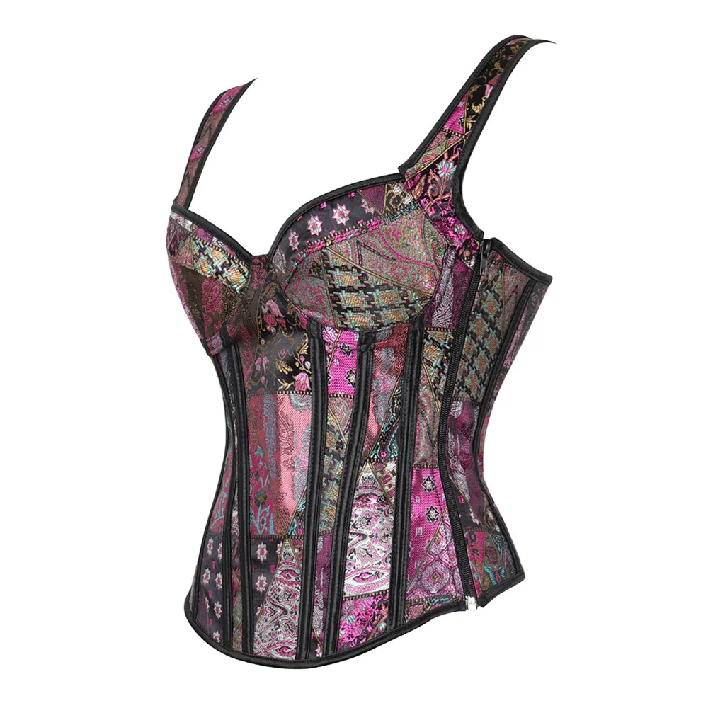 Steampunk Corset with Cup Lingerie Zipper Side Straps Overbust Corset Waist Trainer Bustier Plus Size tummy control underwear
