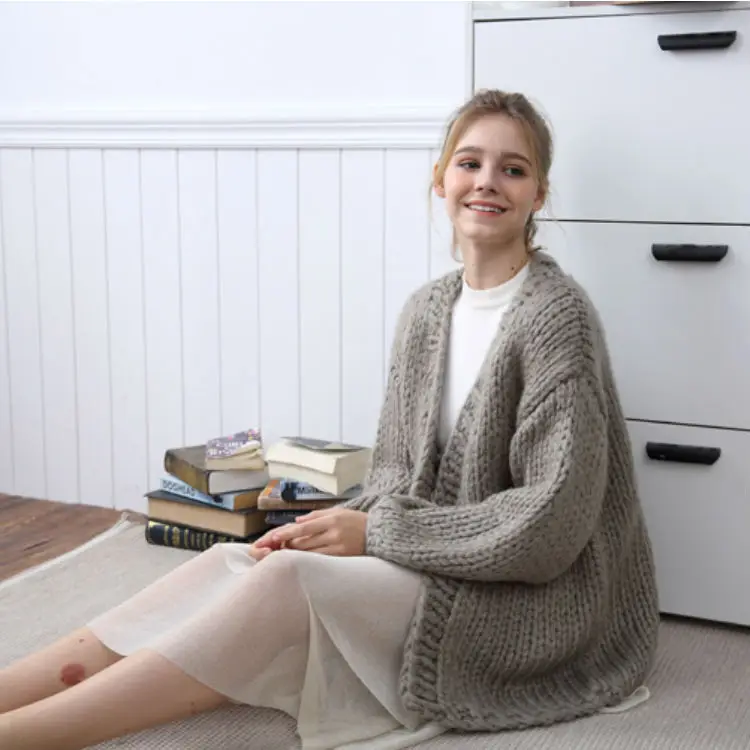 

2018 Autumn And Winter New Style Loose-Fit Mid-length Laziness Sweet Lantern Sleeve Entirely Handmade Thick Thread Sweater Cardi