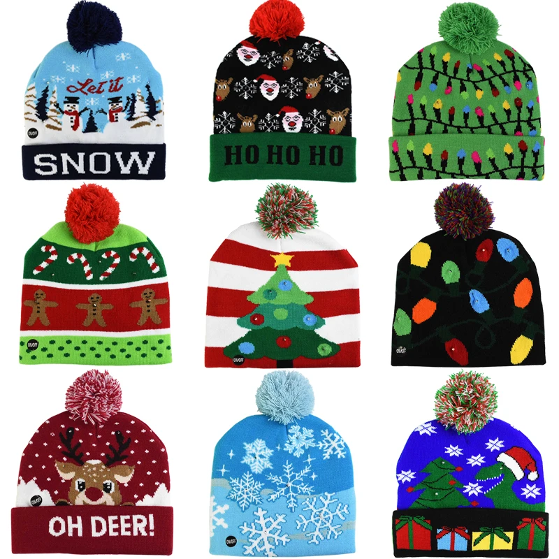 

1PC Led Light Cotton Christmas Hat Christmas Tree Pattern Knit Up Beanie Hat For Kids Adult New Year Xmas Gifts Home Ornaments