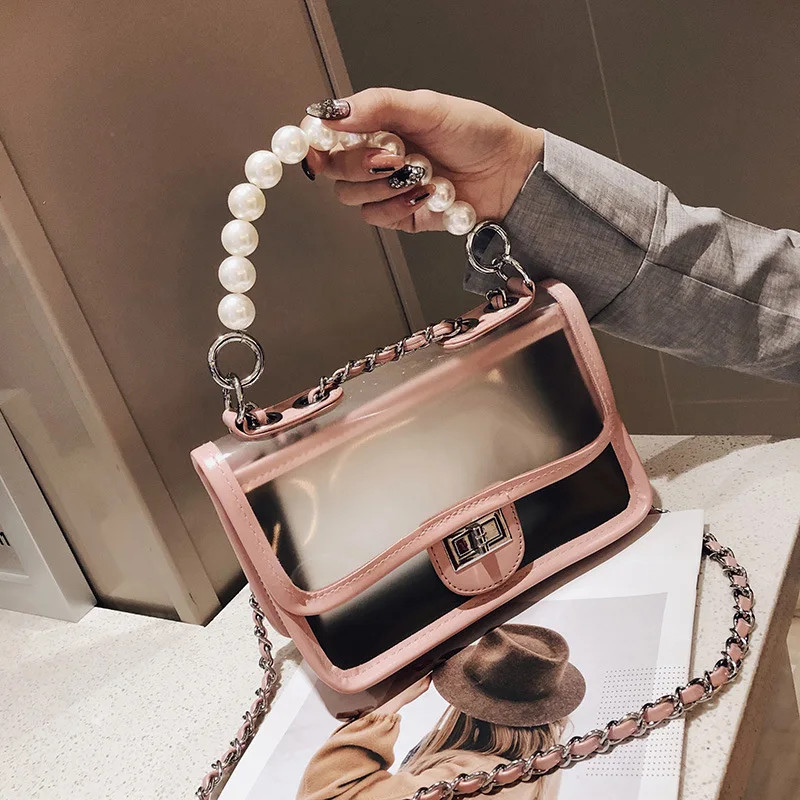 

2019 Summer New Style Bag Women's Pearl PVC Translucent Gel Bag Chain Square Sling Bag Shoulder Oblique Bag Women's