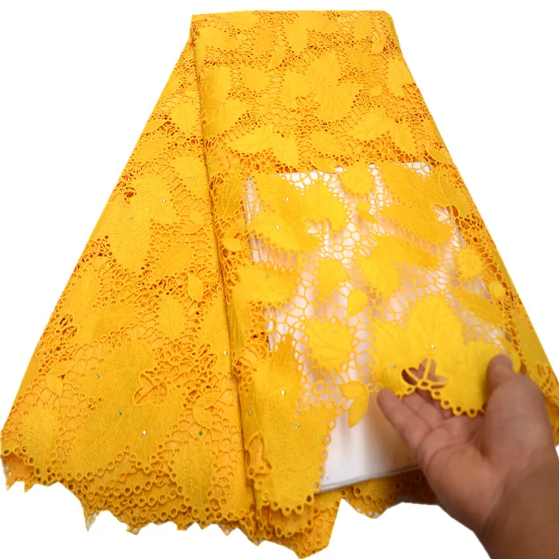 

African Cord Lace Fabric Milk Silk Water Soluble Dress Lace Stones 2019 High Quality Yellow Nigerian Guipure Lace Fabric DG509