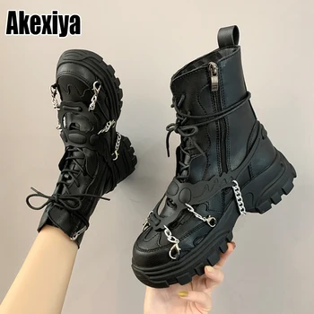 preço Novo 2020 Senhoras De Couro Das Mulheres Tornozelo Botas Salto Médio Rendas Acima Do Trabalhador Do Exército Preto Goth Sapatos Outono Sexy Corrente Alta Qualidade P416