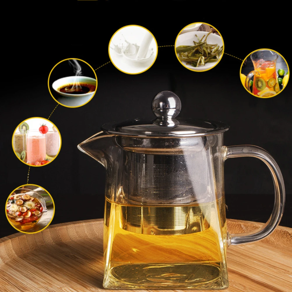 

350ml 550ml 750ml Heat-resistant Transparent Glass Teapot Stainless Steel Filter Teapot Square Flower Teapot Coffee Maker