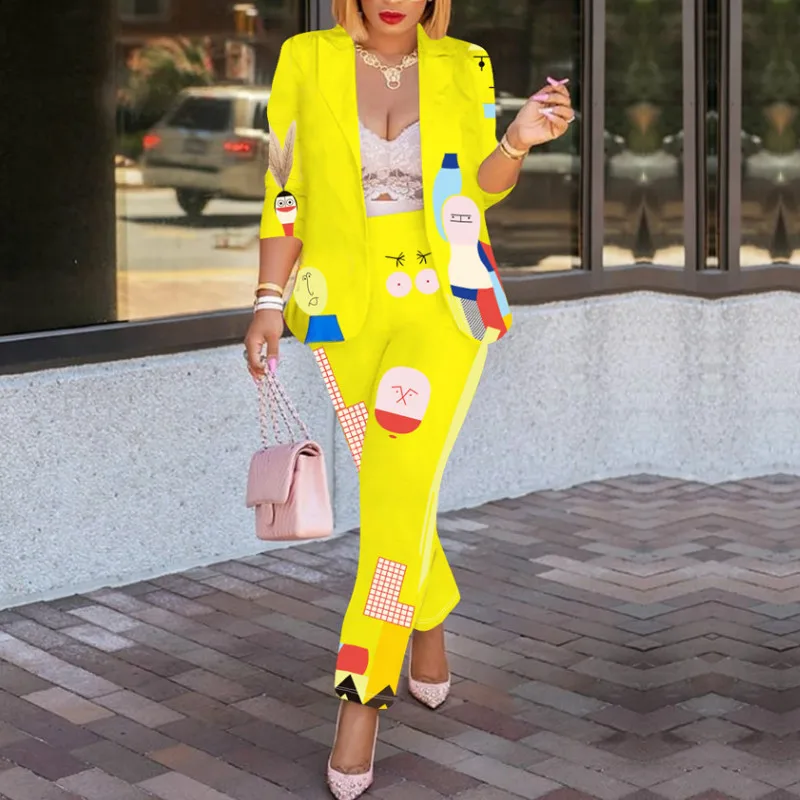 

Women Two Pieces Set Print Office Ladies Long Sleeve Classy Elegant Patchwork Work Wear Casual Modest 2 Piece Suit African Femme