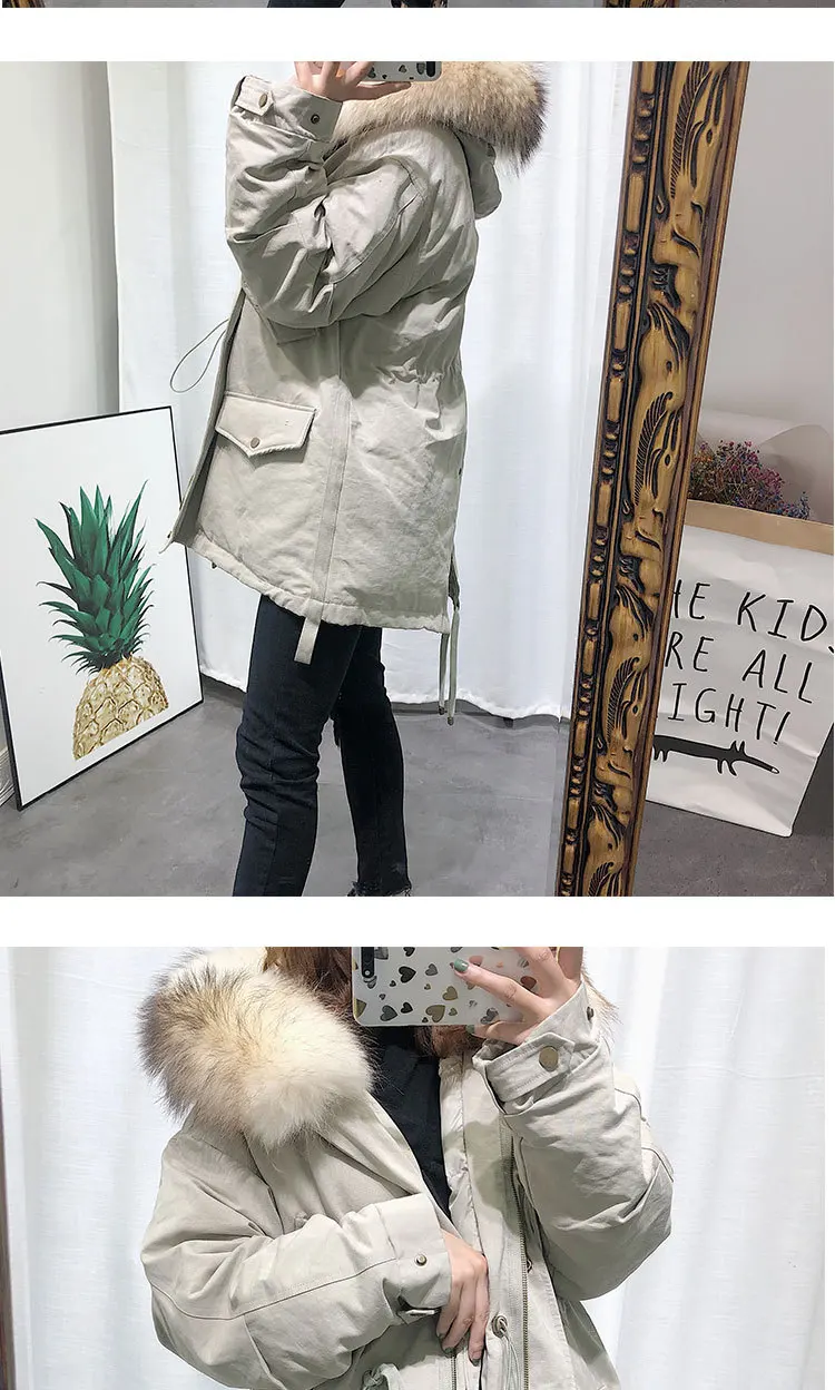Новинка зимы Стиль корейско-Стиль Slim Fit знаменитости Стиль; с высокой талией облегающие большой меховой воротник пуховик nv один преодолеть
