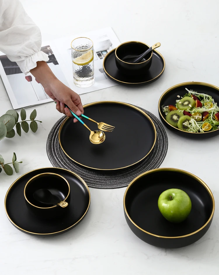 Набор керамических обеденных тарелок золотого цвета, фарфоровая посуда для стейка, миска для рисового супа, ложка, блюдо для дома