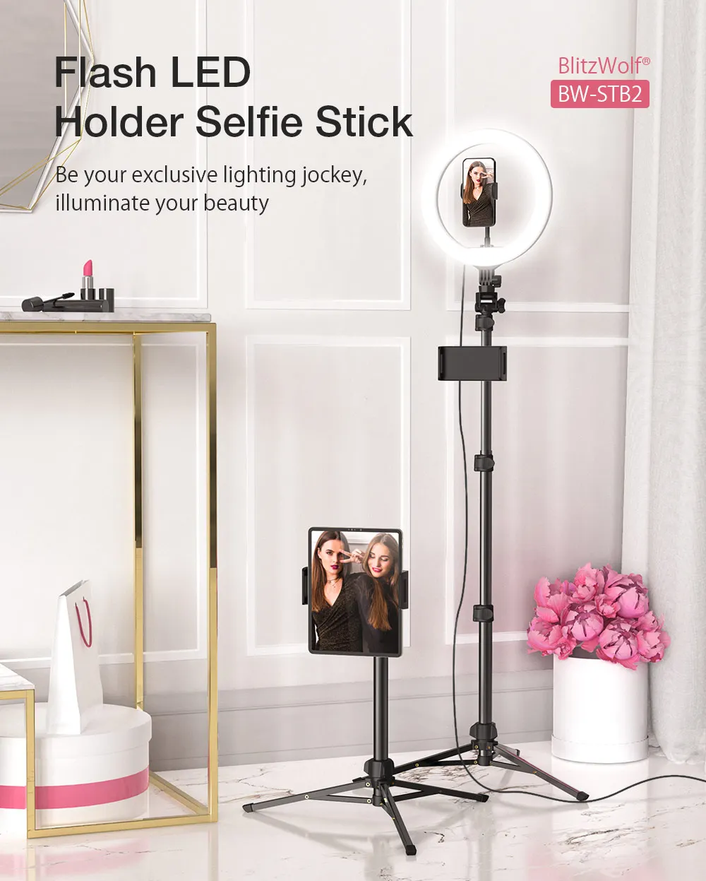 BlitzWolf BW-STB2 Flash LED Phone Tripod Holder Selfie Stick with Wireless Remote Control description image