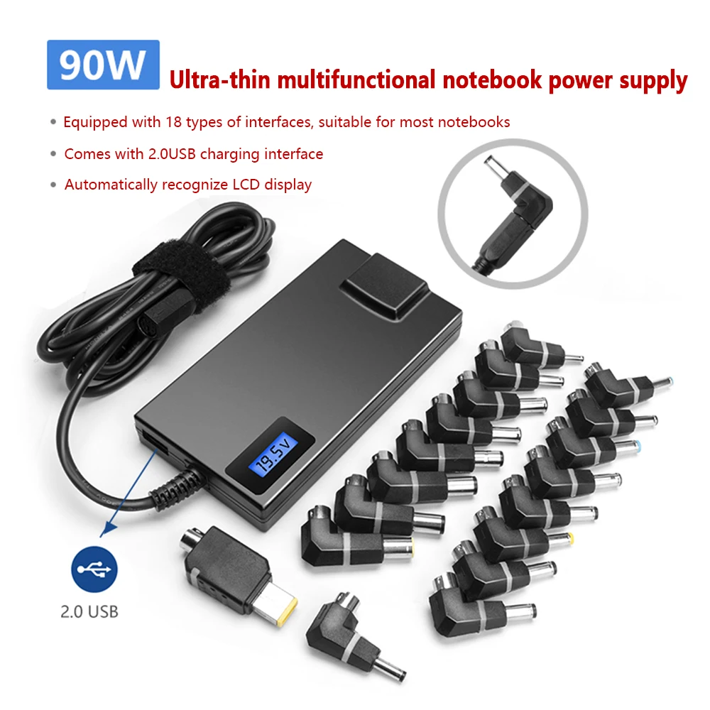

Multifunctional Universal Power Adapter 90W 2.0 USB Charger Automatically Recognizes 18 Connectors of LCD Screen For Samsung LG
