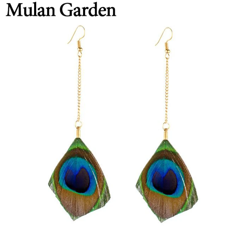 Женские серьги с перьями павлина Mulan Garden этнические длинной металлической