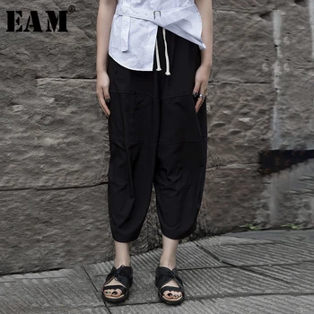 

[EAM] High Elastic Waist Drawstring Leisure Long Wide Leg Trousers New Loose Fit Pants Women Fashion Spring Autumn 2020 JU4210