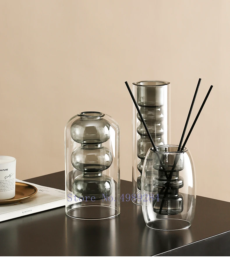 Креативная стеклянная Геометрическая ваза, украшение для рукоделия, серое цветочное украшение, для гостиной, рабочего стола, прозрачное украшение