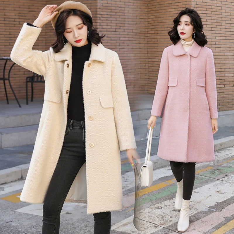 

2019 Winter New Style Faux Mink Cashmere Woolen Overcoat Women's Mid-length over-the-Knee Hepburn Short-height Thick Woolen Jack