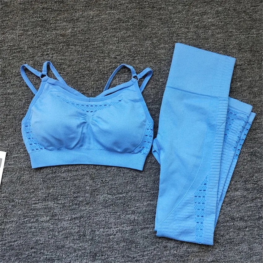 YS04 lake set Energy бесшовный комплект из 2 предметов для йоги, спортивный бюстгальтер на бретельках, леггинсы, комплект для спортзала, одежда для тренировок, женский спортивный комплект, спортивная одежда - Цвет: YS04 lake set