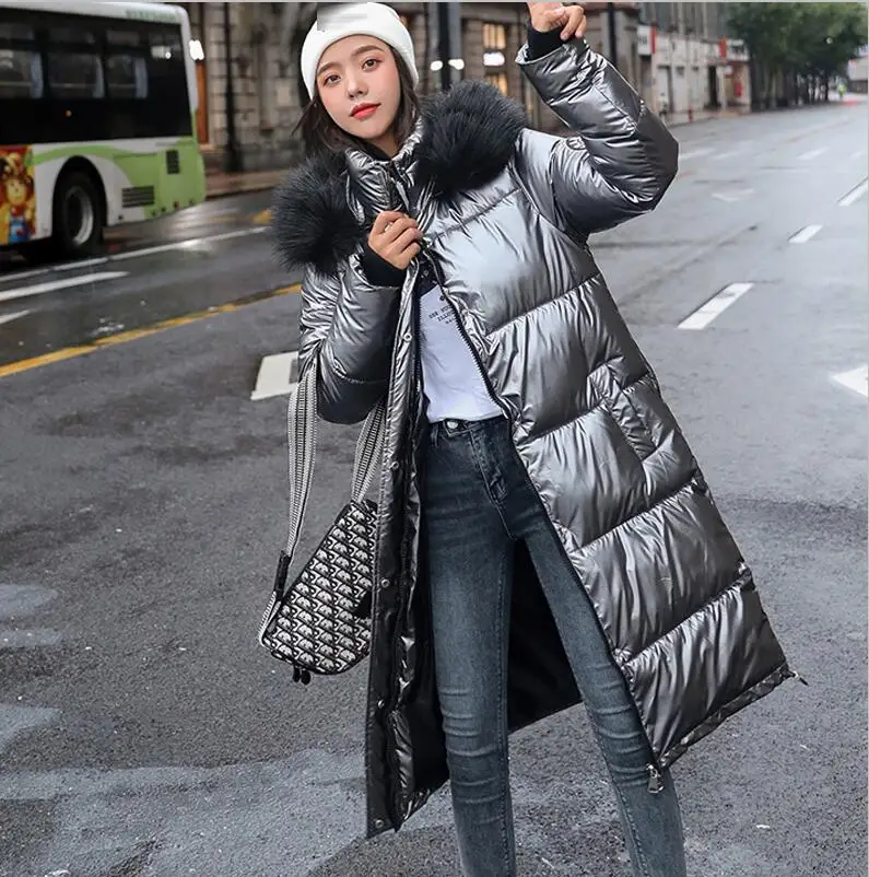 Silver Gray Новые женские длинные пальто парки женские Глянцевые зимние теплые утолщенные пальто из искусственного меха Серебряная хлопковая куртка Паркера пальто - Цвет: Silver Gray