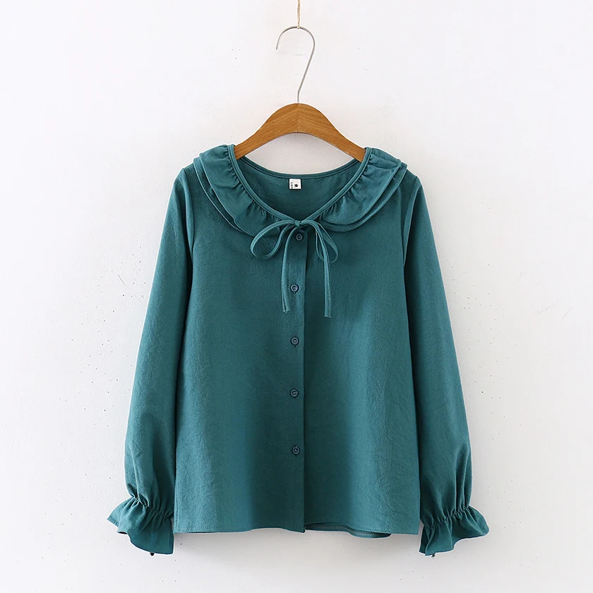 Dark green Новинка, Женская однотонная блузка с длинным рукавом, плиссированная рубашка с воротником в стиле Питера Пэна, милые топы на пуговицах для девочек со шнуровкой и галстуком-бабочкой, женские блузы - Цвет: Dark green