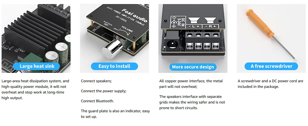 Fosi Audio Bluetooth 5.0 Digital Amp Module 100Wx2 Wireless Stereo Power Audio Amplifier Board ZK1002L integrated amplifier