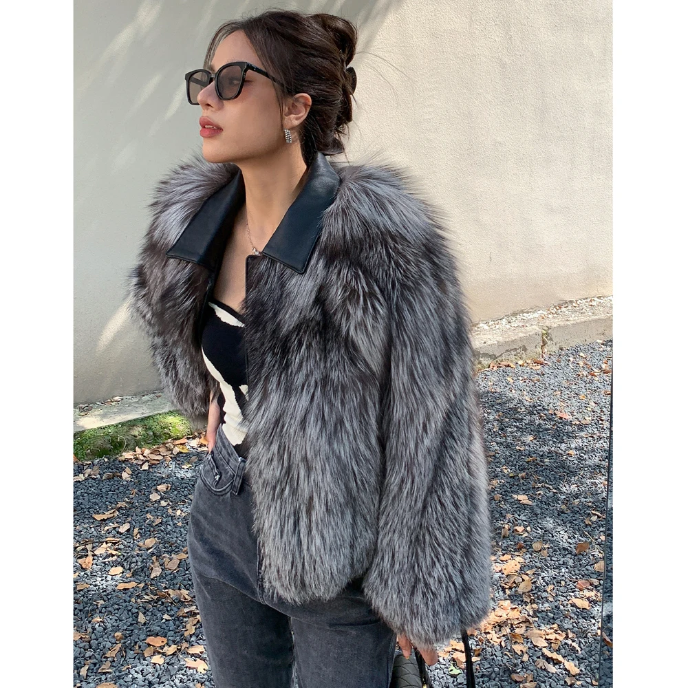 Short Natural Silver Fox Fur Jacket Leather Collar Overcoats Female 2022 New Winter Genuine Full Pelt Silver Fox Fur Coats Women