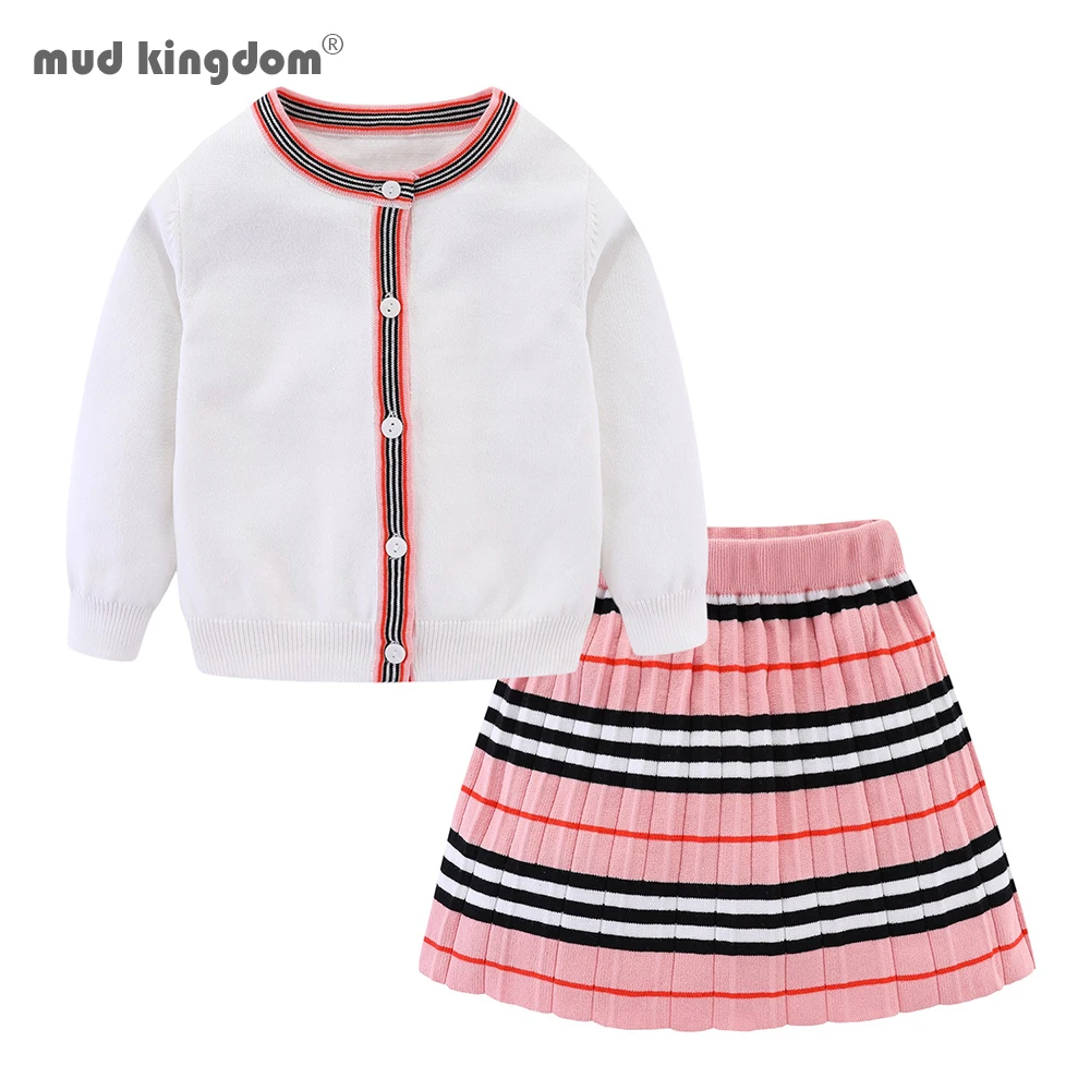 

Mudkingdom Girls Outfits Autumn Winter Knit Cardigan Sweaters and Striped Pleated Skirt Girls Clothes Set