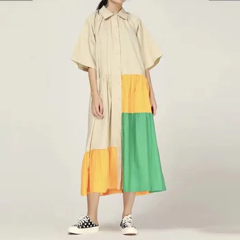 

2020 Summer Large Size Loose Womens Dress Fashion Lapel Single Breasted Shirt Stitching Contrast Color Printing Hem Casual Dress