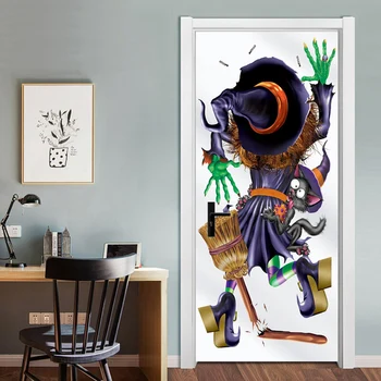 

Halloween Cat Witch Broom Sticker 3D Door Sticker Removable Waterproof Wall Sticker Bedroom Living Room Decoration Sticker