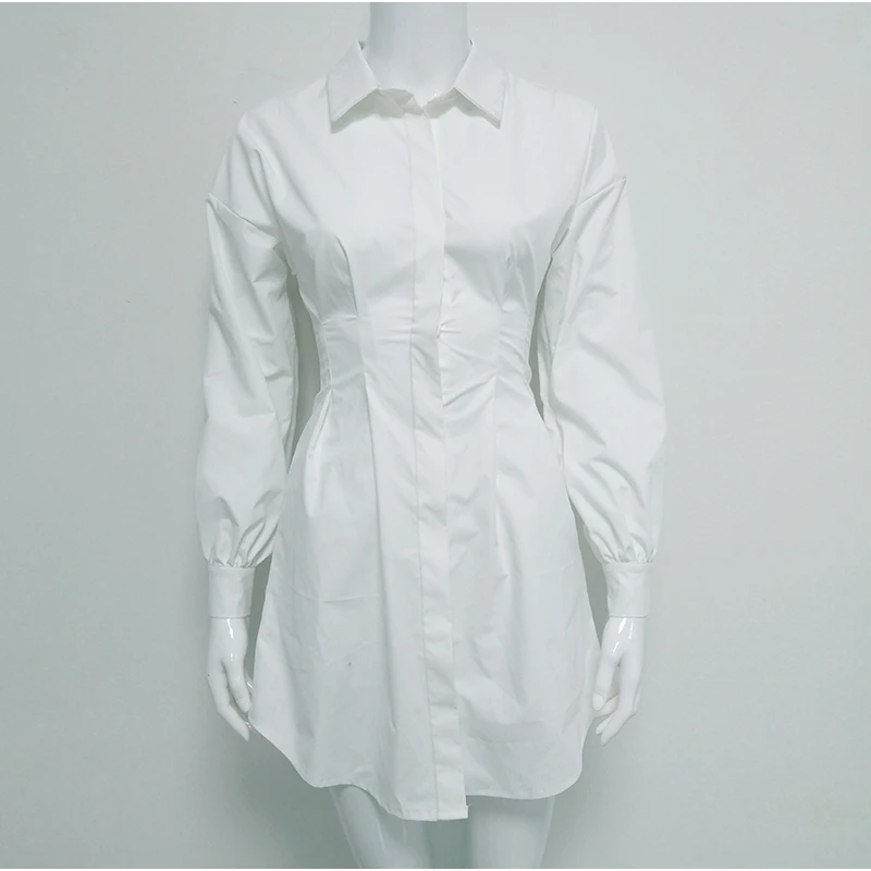 NewAsia White Shirt Dress Women Long Lantern Sleeve Turn-down Collar Casual Dress With Corset Belt Sexy Office Ladies Clothing