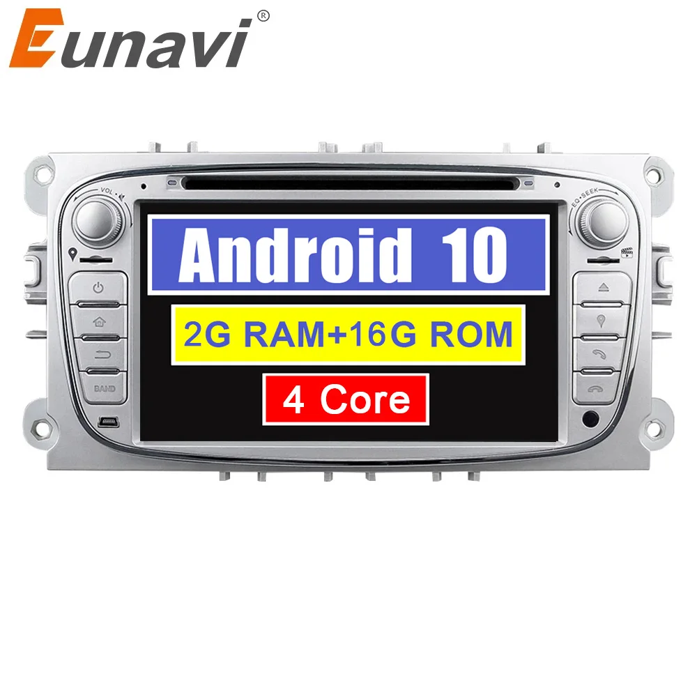 Eunavi 2 Din Android 10 серебристый четырехъядерный Автомобильный DVD Радио стерео плеер