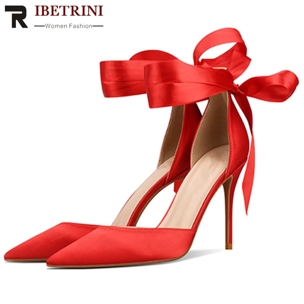 

RIBETRINI Fashion Bride Ladies Pointed Toe Butterfly Knot High Heel Summer Shoes Woman Sandals Women Solid Wedding Sandals