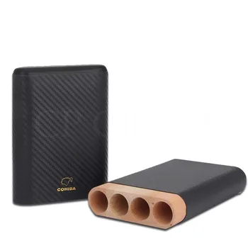 

COHIBA Carbon Fiber Cigar Case Travel Cigar Humidor Box Cedar Wood For 4 Cigars Holder Tube Outdoor Portable Humidor W/ Gift Box