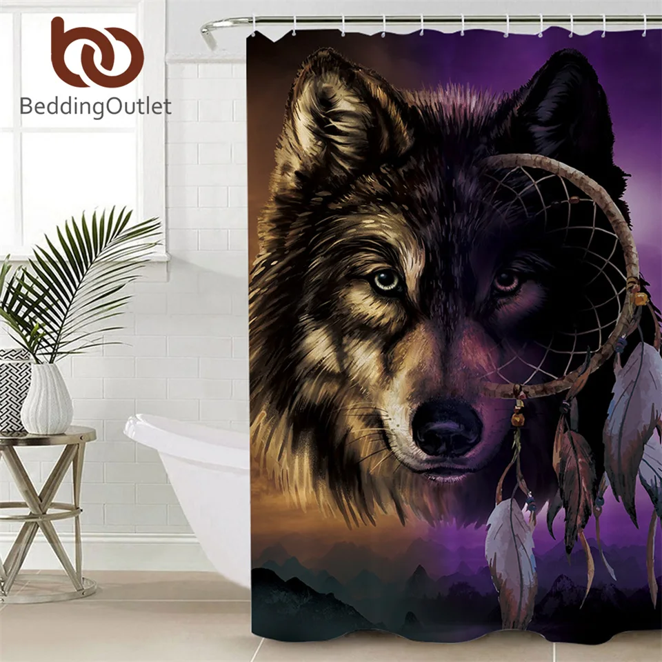 

BeddingOutlet Wolf Bath Curtain Dreamcatcher Curtain for Bathroom 3D Mountains Shower Curtain Purple Brown Waterproof Curtains
