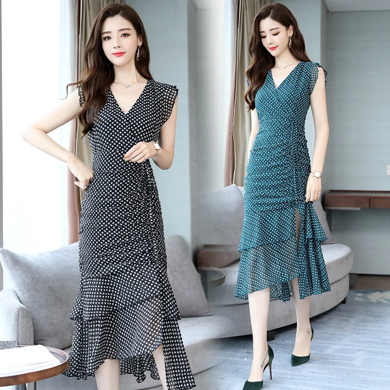 

Fashion Debutante Chiffon Dress Women's Summer 2018 New Style Korean-style Explicit Thin Elegant V-neck Fishtail Skirt Polka Dot