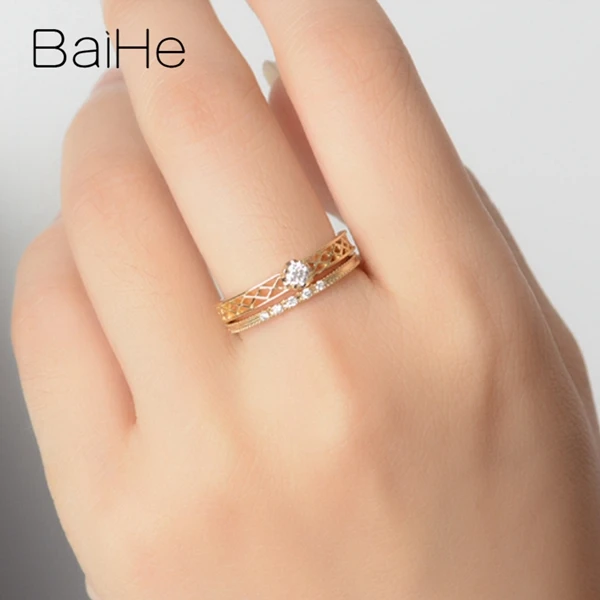 BAIHE Solid 14K желтое золото 0.05CT сертифицировано H/SI круглые натуральные бриллианты свадебные женские модные ювелирные изделия модное кольцо
