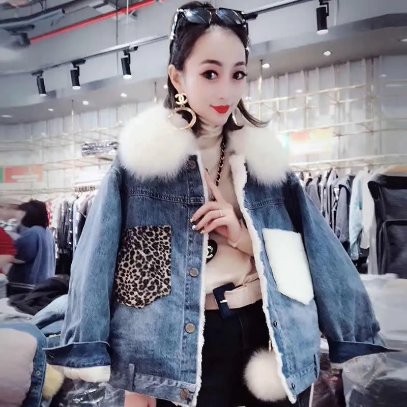 Goedkoop Warme Winter Plus fluwelen Luipaard pocket Vrouwen Jean Jacket 2019 Herfst Nieuwe Vrouwelijke Vriendje Bomber Denim Jas Basic Dames Top
