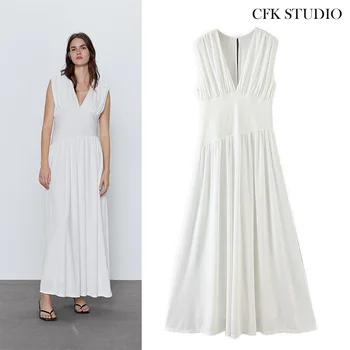 

2020 ZA Women Midi Dress With V-Neck Solid Hollow Ou In White Casual Vintage Midi Dress Summer Sleeveless Chiffon Midi Casual