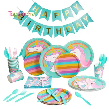 

Rainbow Unicorn Birthday Party Decors Disposable Tableware Kit Cups Plates Napkin Kids Birthday Unicornio Party Supplies