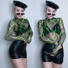 Ночной клуб бар сексуальный DS костюм певица Dj Pold танцевальная одежда зеленый пламя перспектива сетки рубашка наряды рейв одежда DN4602