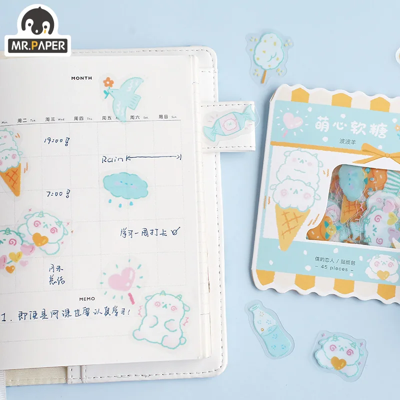 Mr.paper 6 Designs 45 Pcs/bag Cartoon Style Cute Heart Soft Candy Series Creative Hand Account Deco DIY Collage Material Sticker