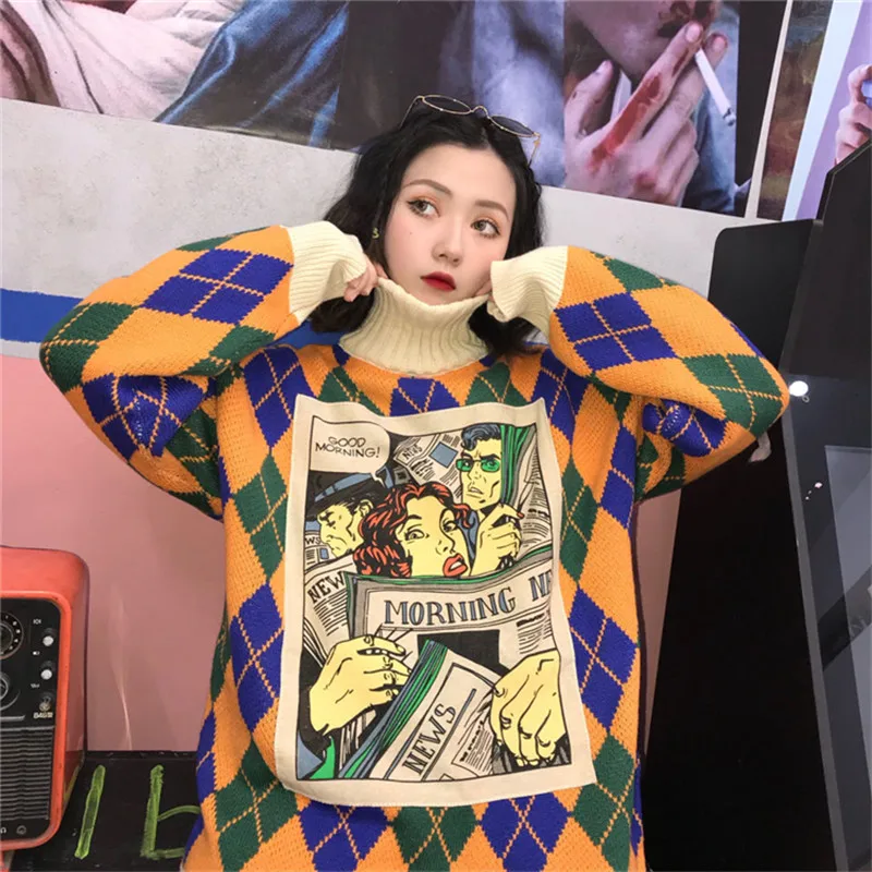 Теплый свитер женский корейский Свободный Harajuku стиль мультфильм высокий воротник пуловер большой размер свитер
