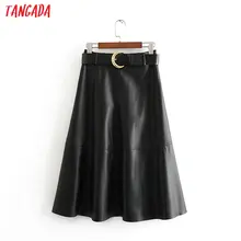Tangada женские черные юбки миди из искусственной кожи с вырезом лодочкой элегантные ретро офисные женские юбки 3H164