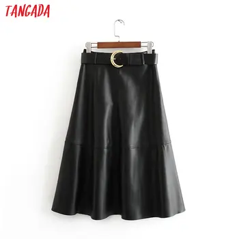 

Tangada women black PU leather midi skirts with slash elegant retro office ladies skirts 3H164