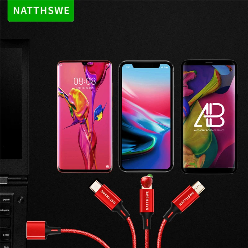 NATTHSWE USB кабель 3 в 1 с нейлоновой оплеткой для быстрой зарядки для мобильных телефонов Android LeTV samsung huawei Xiaomi Apple