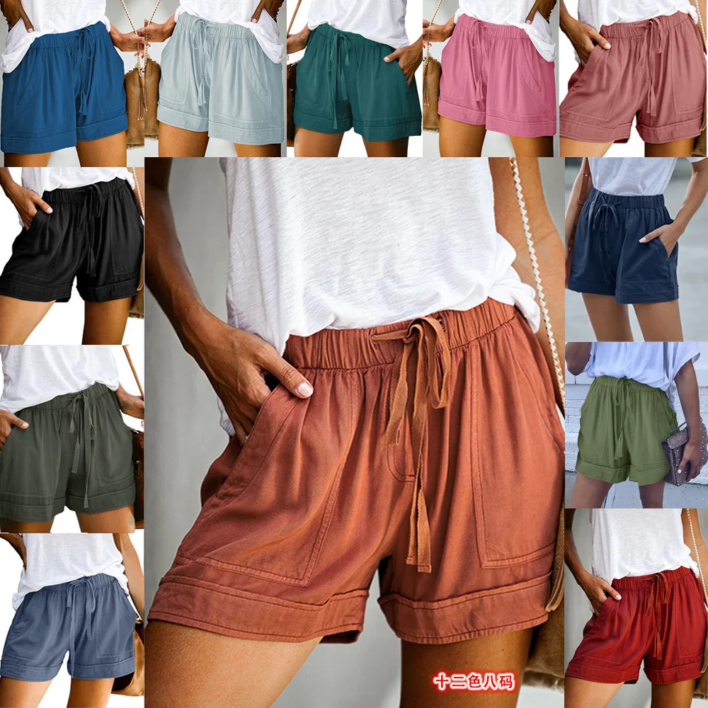 

2020 Women's Short Summer Loose Rope Tie Short Sport Casual Elastic Waist Cotton Linen Shorts Pink Pocket Beach