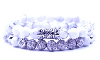

8mm 2PCS/Set silver uft3 elastic adjusted nature white Howlite bead micro pave cz zircon cubic zirconia tube Bracelet