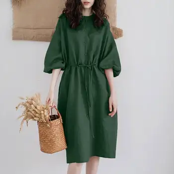 

2020 Summer Half Puff Sleeve Sundress ZANZEA Women Casual Party Vestido Elegant Solid Cotton Long Shirt Dress Female Robe Tunic