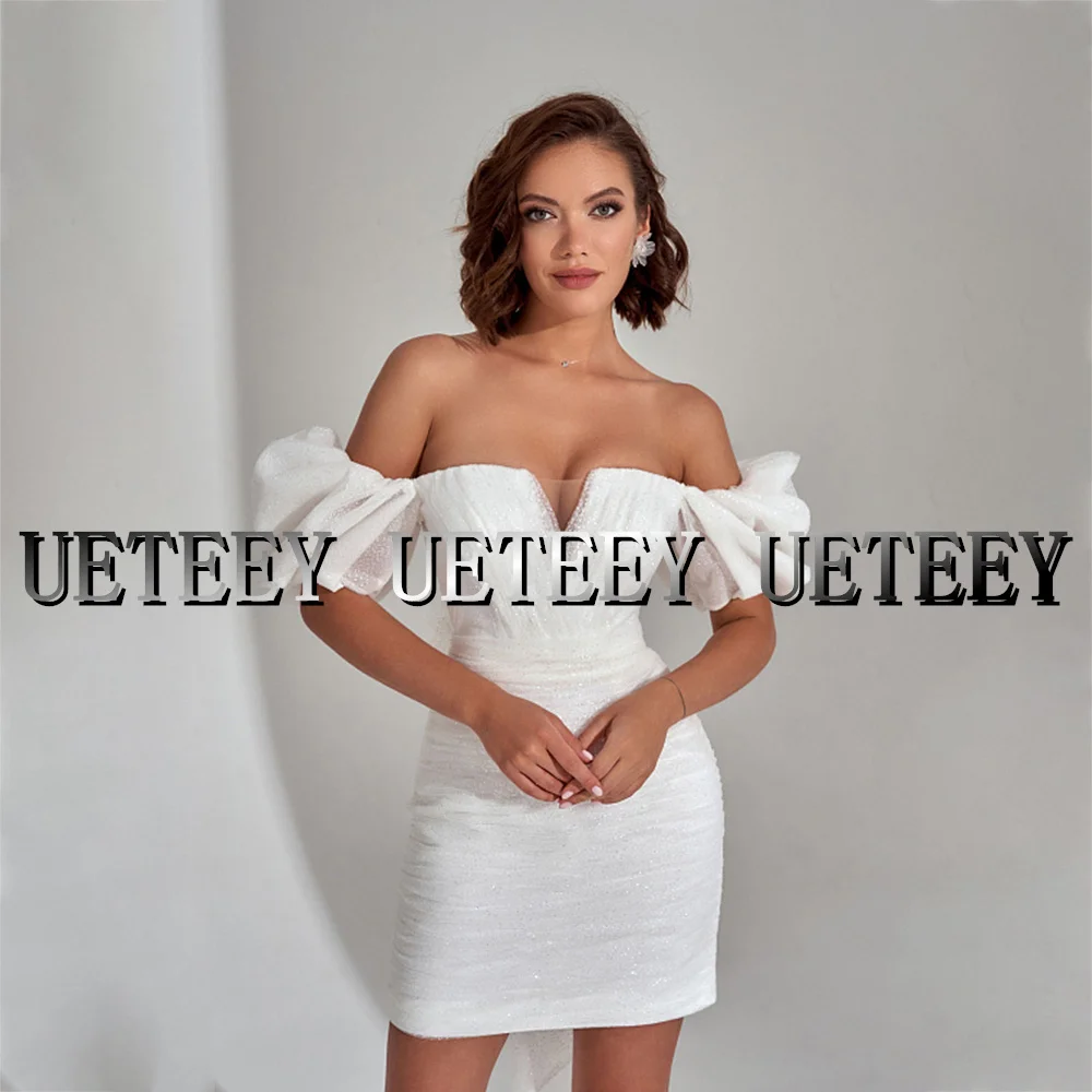 UETEEY-Sexy Prom Dress, Fora do Ombro, Mini Vestidos De Noite, Tule Brilhante, Acima Do Joelho, Vestidos De Festa, Decote Em V, 2022